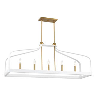 Sheffield Five Light Linear Chandelier in White with Warm Brass Accents
