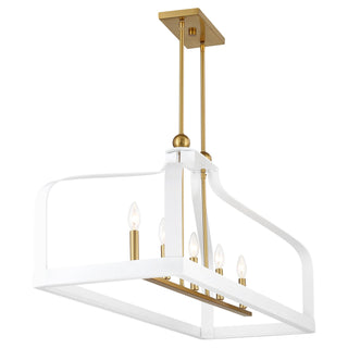 Sheffield Five Light Linear Chandelier in White with Warm Brass Accents