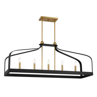 Sheffield Five Light Linear Chandelier in Matte Black with Warm Brass Accents