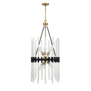 Santiago Six Light Pendant in Matte Black with Warm Brass Accents