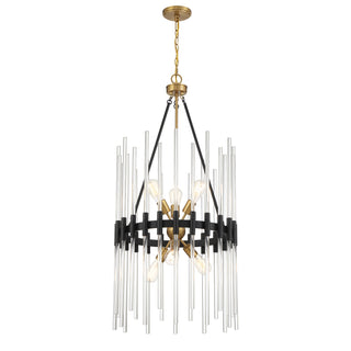Santiago Six Light Pendant in Matte Black with Warm Brass Accents