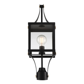 Raeburn One Light Outdoor Post Lantern in Matte Black and Weathered Brushed Brass
