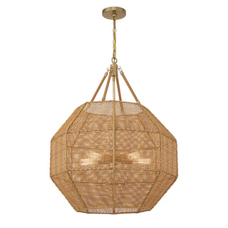 Selby Five Light Pendant in Burnished Brass and Rattan