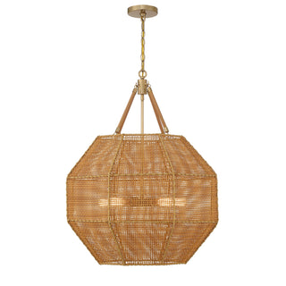 Selby Five Light Pendant in Burnished Brass and Rattan