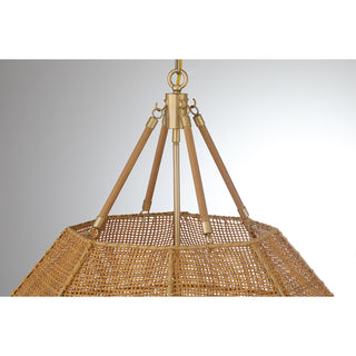 Selby Five Light Pendant in Burnished Brass and Rattan