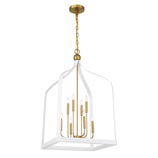 Sheffield Eight Light Pendant in White with Warm Brass Accents