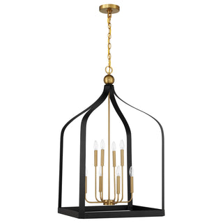 Sheffield Eight Light Pendant in Matte Black with Warm Brass Accents