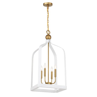 Sheffield Four Light Pendant in White with Warm Brass Accents