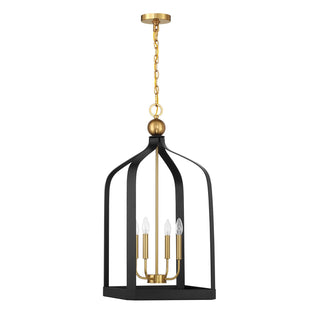 Sheffield Four Light Pendant in Matte Black with Warm Brass Accents