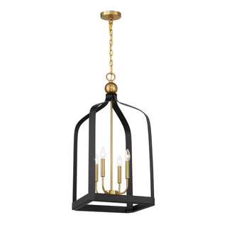 Sheffield Four Light Pendant in Matte Black with Warm Brass Accents