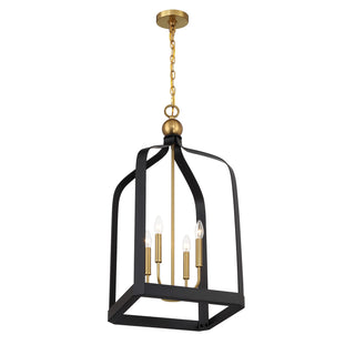 Sheffield Four Light Pendant in Matte Black with Warm Brass Accents