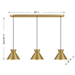 Three Light Linear Chandelier in Natural Brass