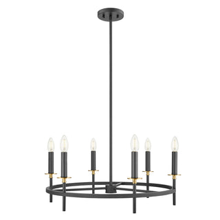 Six Light Chandelier in Matte Black and Natural Brass