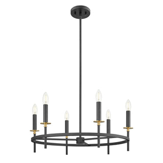 Six Light Chandelier in Matte Black and Natural Brass