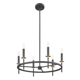 Six Light Chandelier in Matte Black and Natural Brass