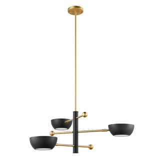Three Light Chandelier in Matte Black and Natural Brass