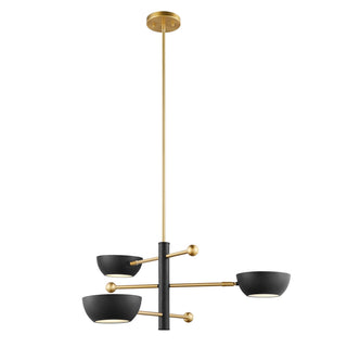 Three Light Chandelier in Matte Black and Natural Brass