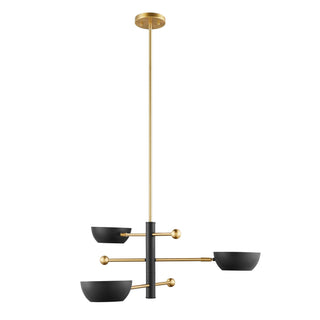 Three Light Chandelier in Matte Black and Natural Brass