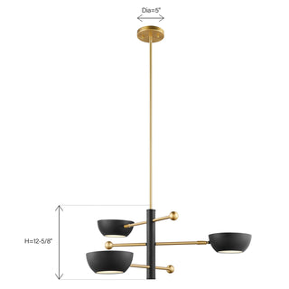Three Light Chandelier in Matte Black and Natural Brass
