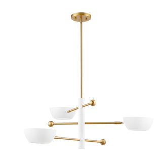 Three Light Chandelier in White and Natural Brass