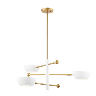 Three Light Chandelier in White and Natural Brass