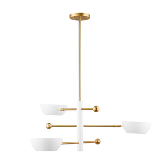 Three Light Chandelier in White and Natural Brass