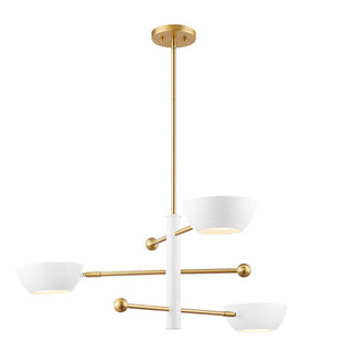Three Light Chandelier in White and Natural Brass