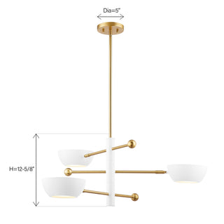 Three Light Chandelier in White and Natural Brass