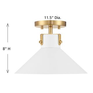 One Light Semi-Flush Mount in White and Natural Brass