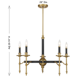 Consulate Five Light Chandelier in Matte Black and Warm Brass