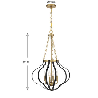 Mercer Four Light Pendant in Matte Black and Warm Brass