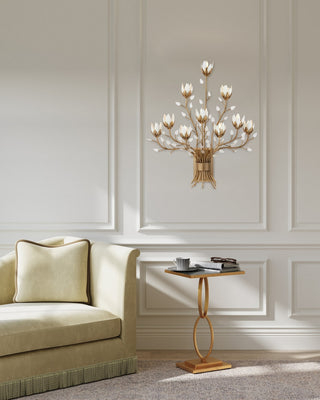 Star Magnolia Ten Light Wall Sconce in Antique Brass/White/Clear