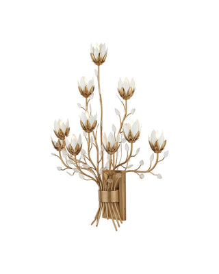 Star Magnolia Ten Light Wall Sconce in Antique Brass/White/Clear