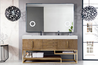 72.375 Inch Columbia Freestanding Vanity in Latte Oak / Glossy White Top