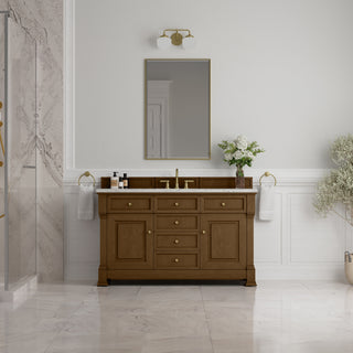 60 Inch Brookfield Freestanding Vanity in Honey Oak / Eternal Jasmine Pearl Top