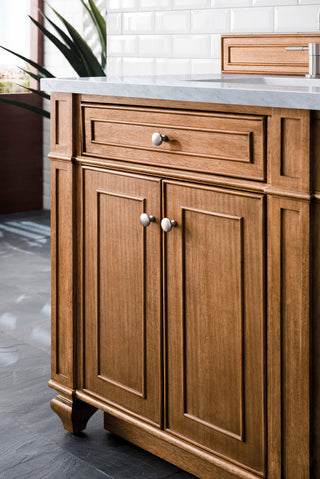 72 Inch Bristol Freestanding Vanity in Saddle Brown / Eternal Jasmine Pearl Top