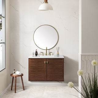 36 Inch Amberly Dual Mount Vanity in Mid-Century Walnut / White Zeus Top