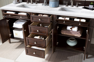 72 Inch Brittany Freestanding Vanity in Burnished Mahogany / Arctic Fall Solid Surface Top