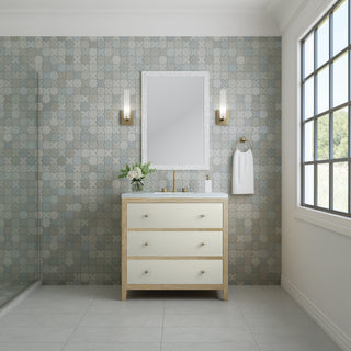 36 Inch Celeste Freestanding Vanity in Sunwashed Oak with Embossed Shagreen Drawer Fronts / Arctic Fall Top