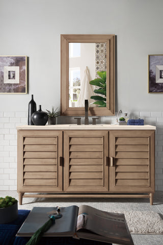 60 Inch Portland Freestanding Vanity in Whitewashed Walnut / Eternal Marfil Top