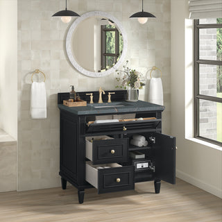 36 Inch Lorelai Freestanding Vanity in Black Onyx / Parisien Bleu Top