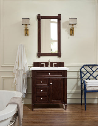 30 Inch Brittany Freestanding Vanity in Burnished Mahogany / White Zeus Top