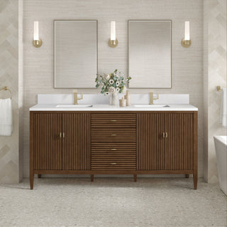 72 Inch Myrrin Freestanding Vanity in Mid-Century Walnut / White Zeus Top