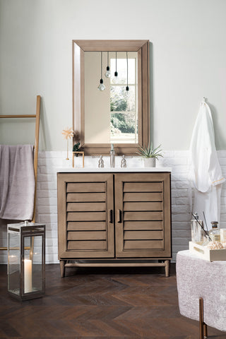36 Inch Portland Freestanding Vanity in Whitewashed Walnut / White Zeus Top