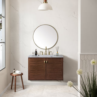 36 Inch Amberly Dual Mount Vanity in Mid-Century Walnut / Carrara White Top