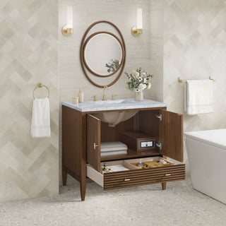 36 Inch Myrrin Freestanding Vanity in Mid-Century Walnut / Carrara White Top