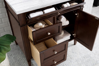 36 Inch Brittany Freestanding Vanity in Burnished Mahogany / Arctic Fall Solid Surface Top