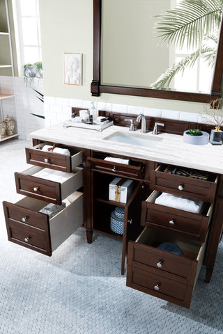 60 Inch Brittany Freestanding Vanity in Burnished Mahogany / Arctic Fall Solid Surface Top