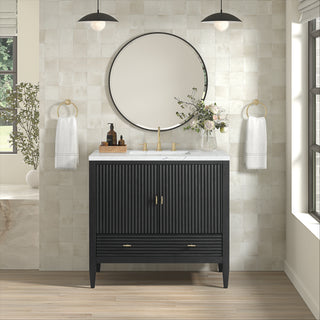 36 Inch Myrrin Freestanding Vanity in Carbon Oak / Ethereal Noctis Top