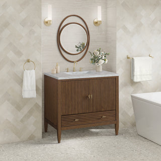 36 Inch Myrrin Freestanding Vanity in Mid-Century Walnut / Victorian Silver Top